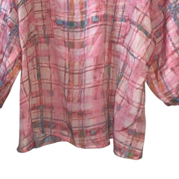 Zac & Rachel Womens Pink Plaid Sheer Peasant Blouse XL - Picture 7 of 11
